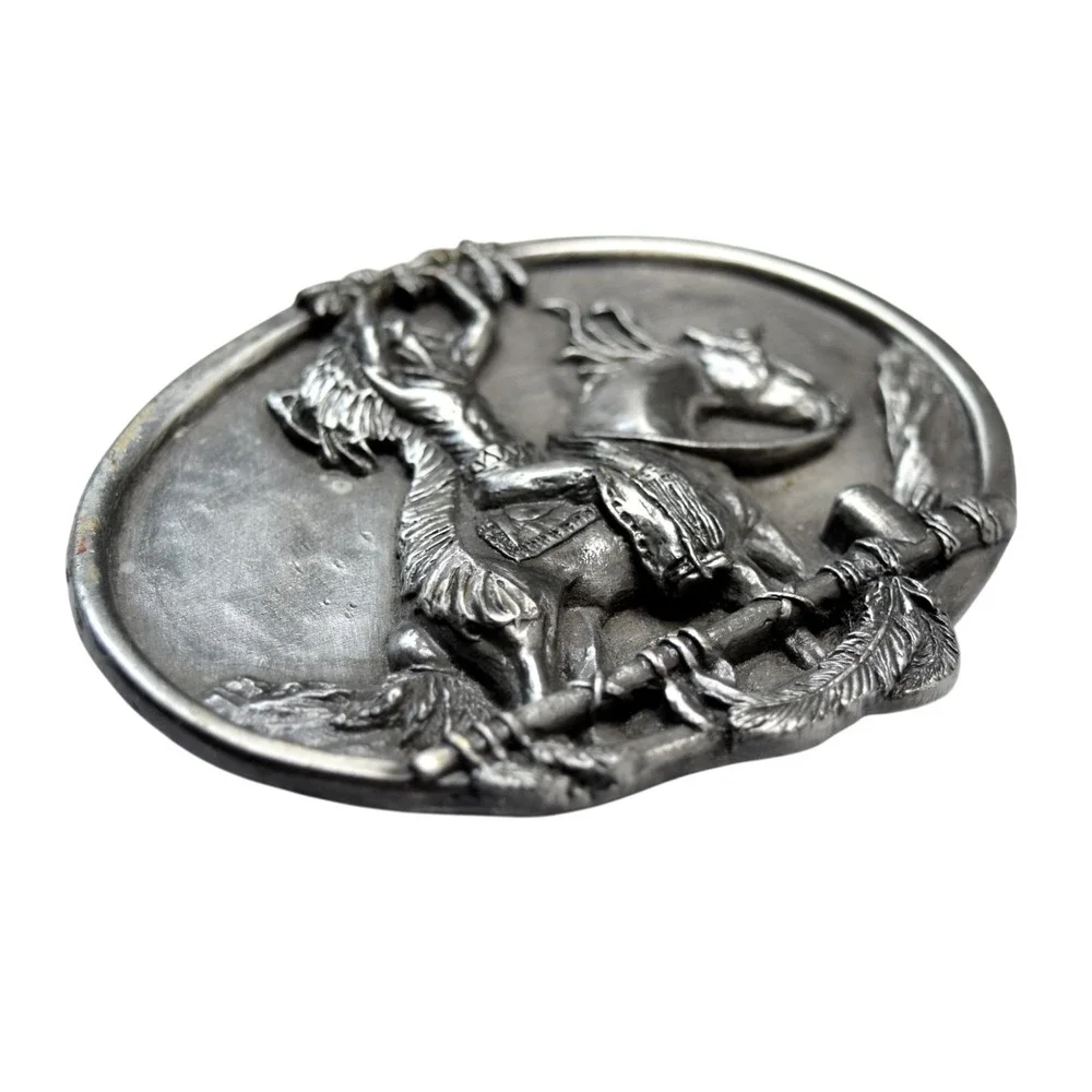 Vtg 1984 Siskiyou Pewter Belt Buckle Native American Warrior Horse Tribute R-29